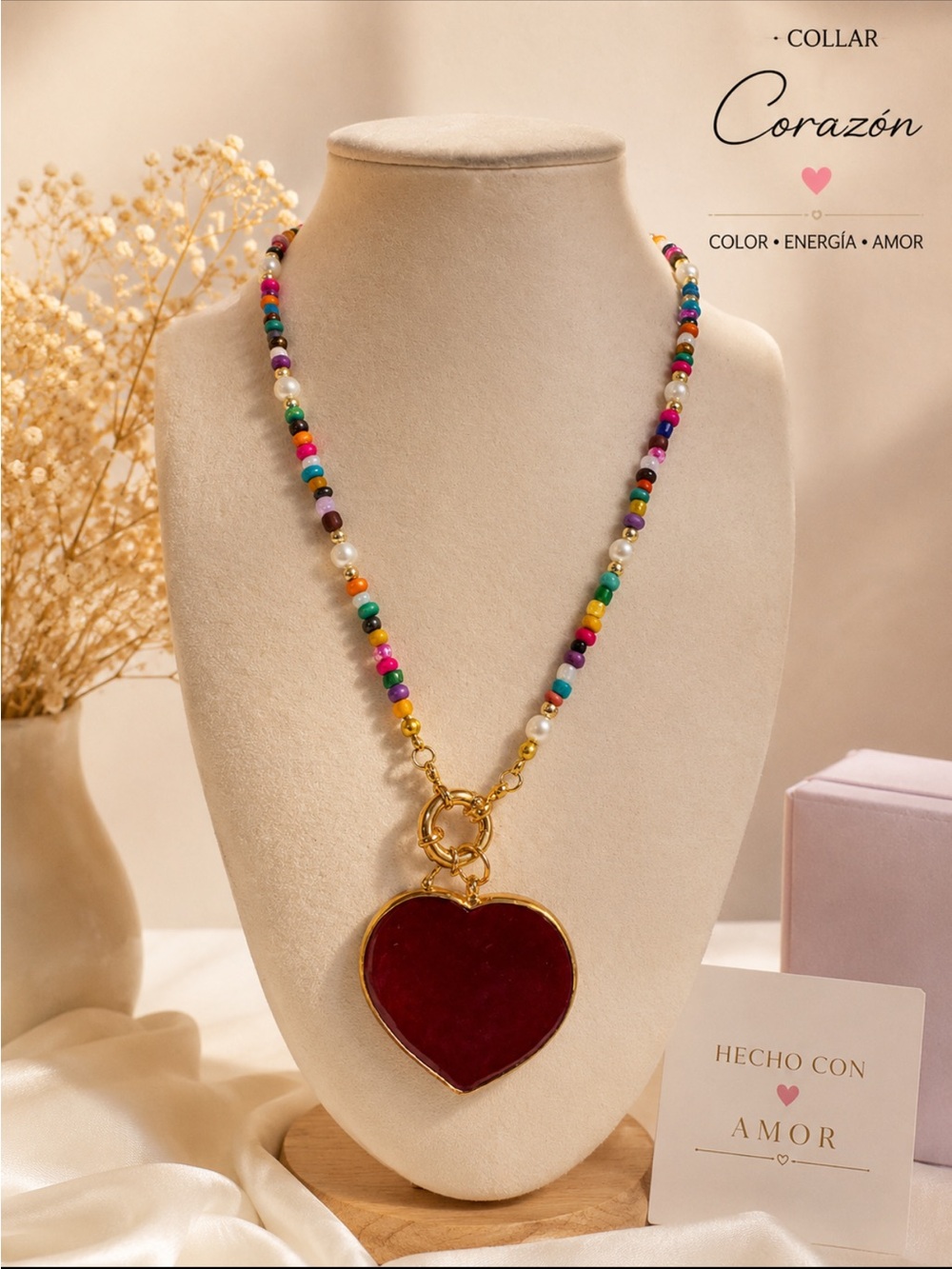 Multicolor Beaded Necklace with Red Heart Pendant